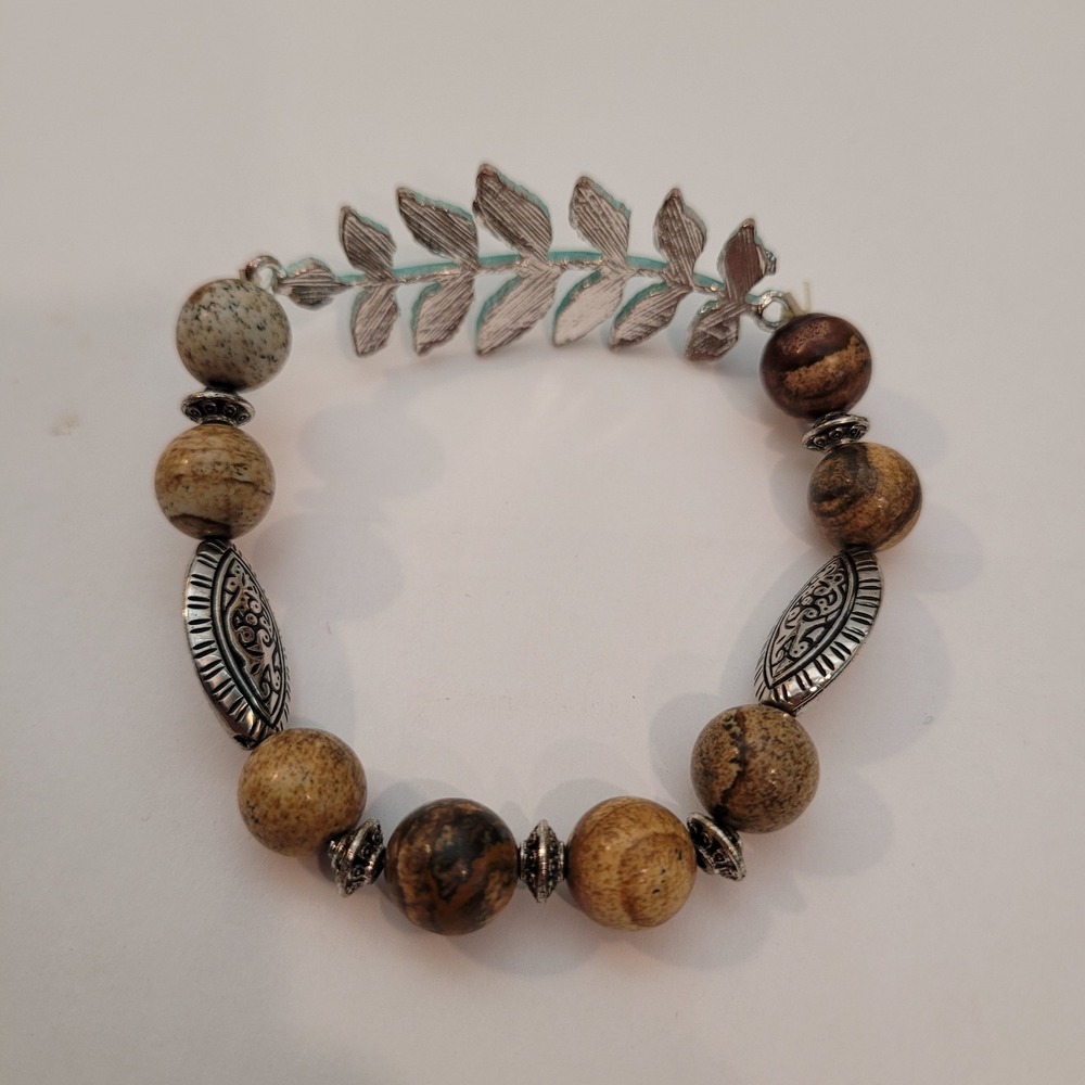 Vintage Beaded Bracelet Womens Picture Jasper Leaf Patina Silver Tone Stretch - Picture 3 of 5